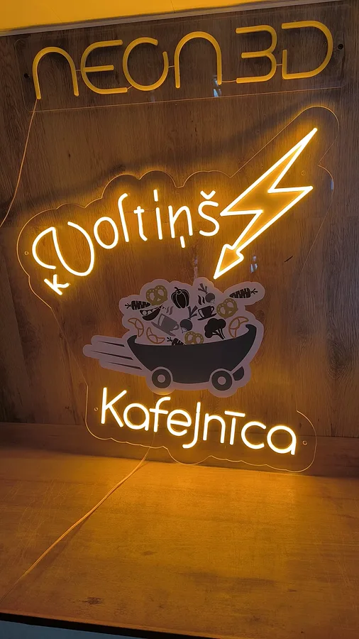 LED neona izkārtne dzeltenā krāsā, veikala logotips, ar druku
